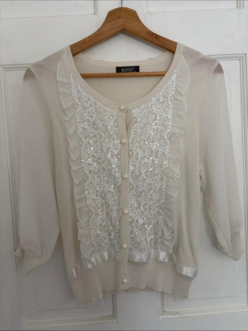 Cream Sequin Ruffle Cardigan Sweater